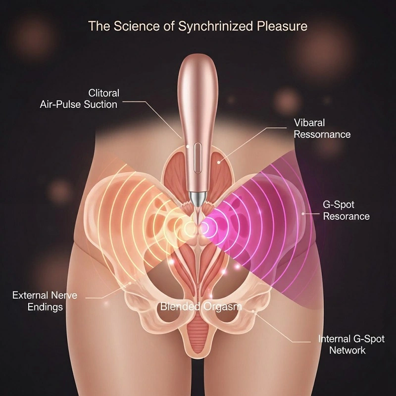 Anatomical diagram showing the synchronization of clitoral air-pulse suction waves and internal G-spot resonance for a blended orgasm.