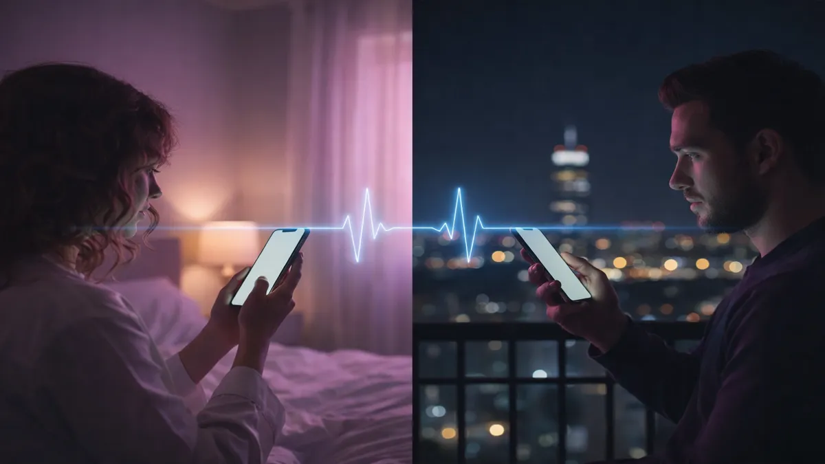 Long-distance relationship couple using a smartphone app to remote control a pleasure device from different locations.