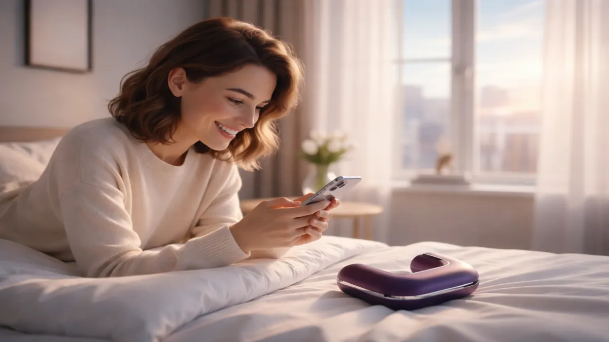 Happy woman using a smartphone to remote control the YPM Wellness Smart-U wearable vibrator in a bright bedroom.